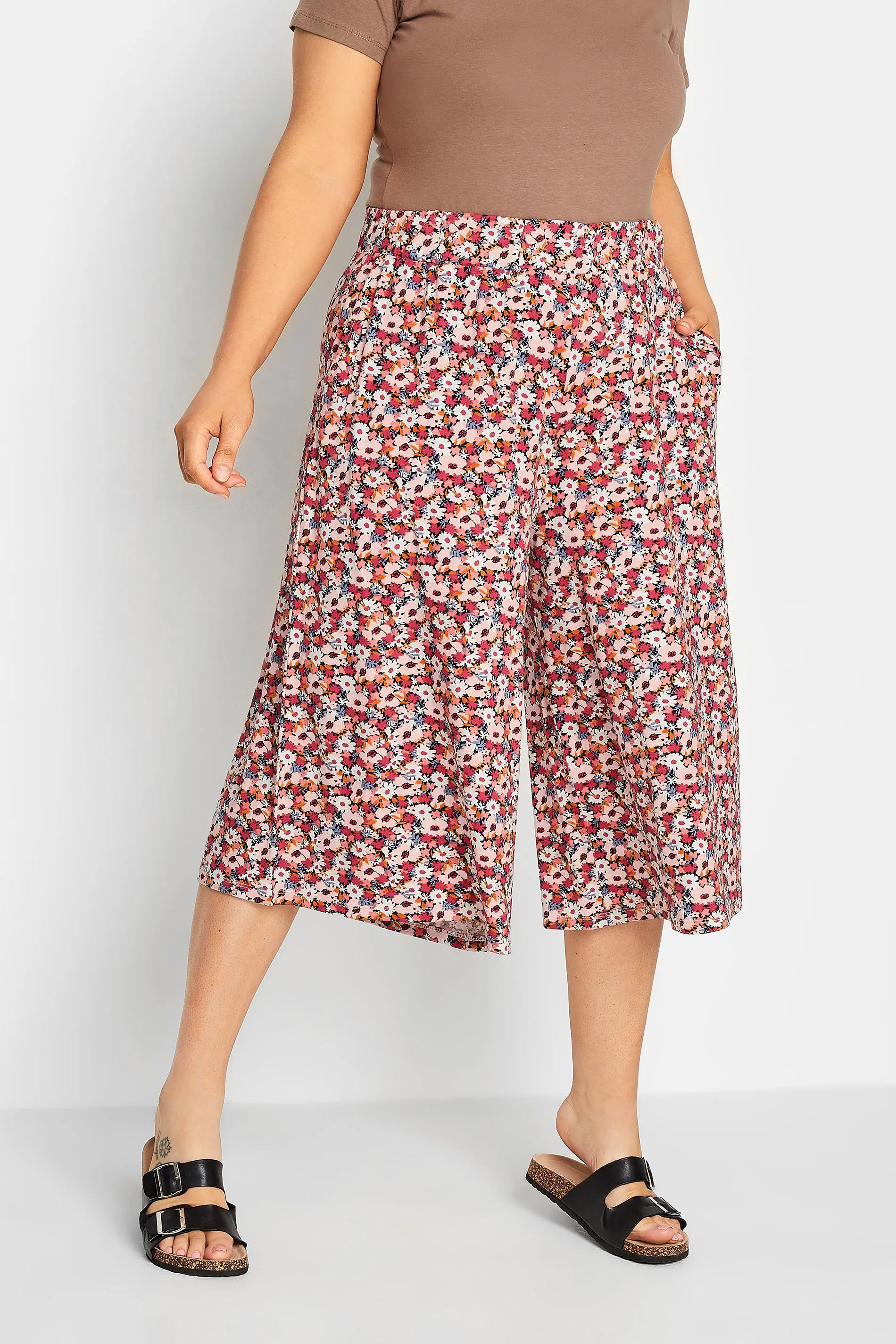 YOURS Curve Black & Pink Floral Print Culottes