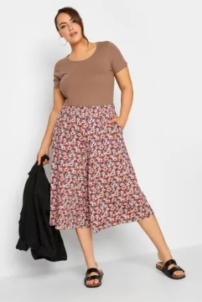 YOURS Curve Black & Pink Floral Print Culottes