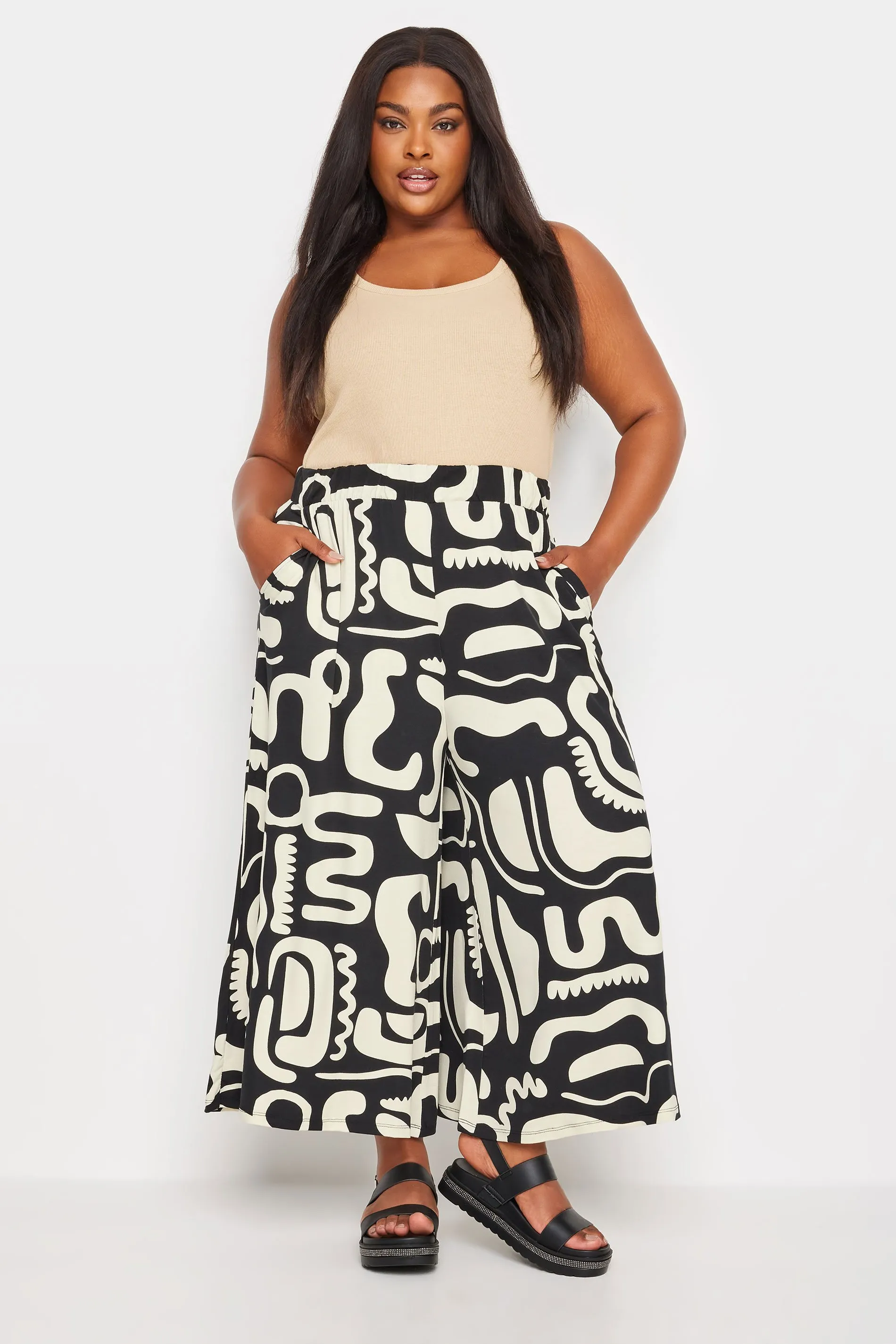 YOURS Curve Black & White Abstract Print Midaxi Culottes