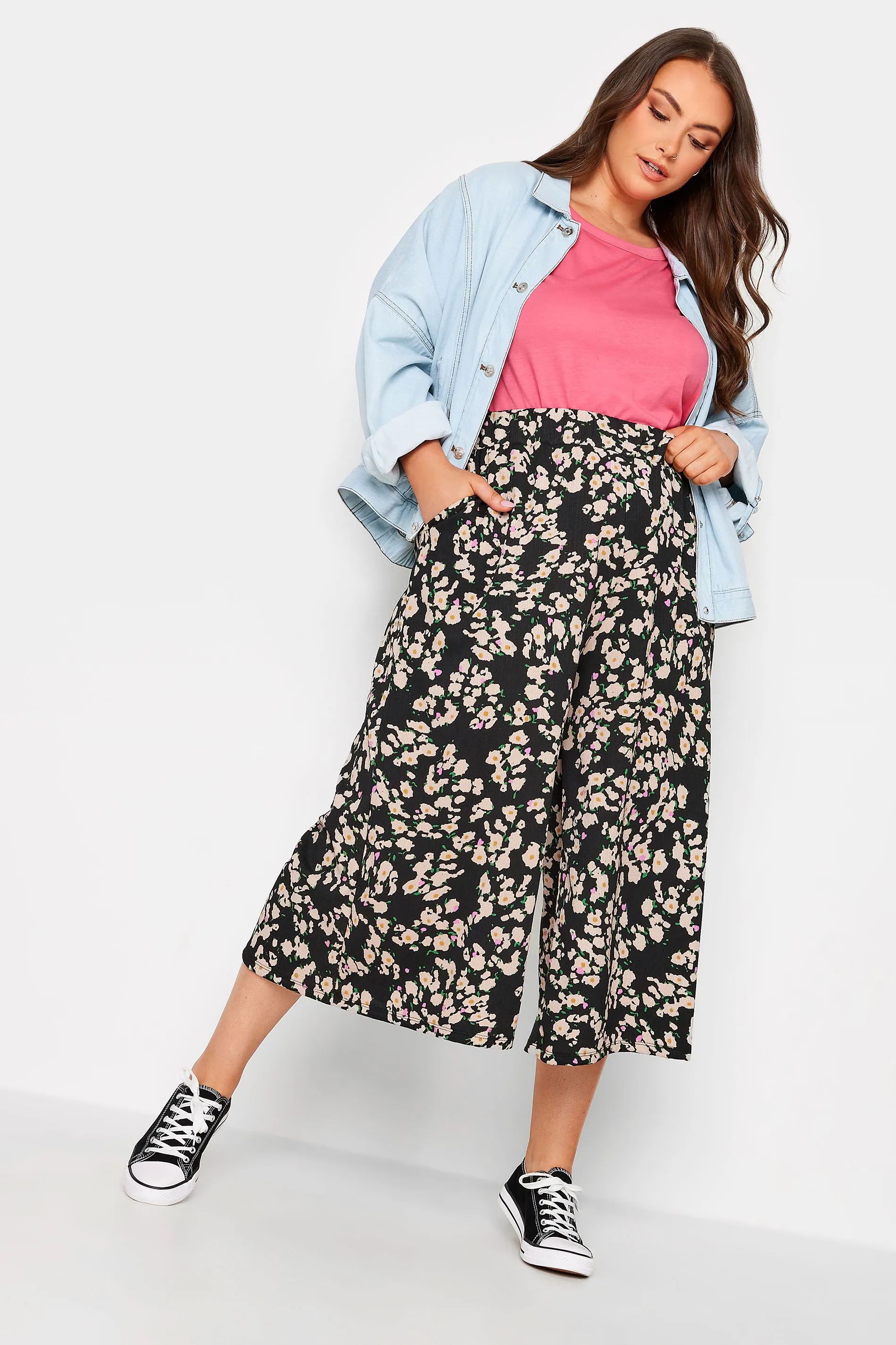 YOURS Curve Black Abstract Floral Print Midaxi Culottes