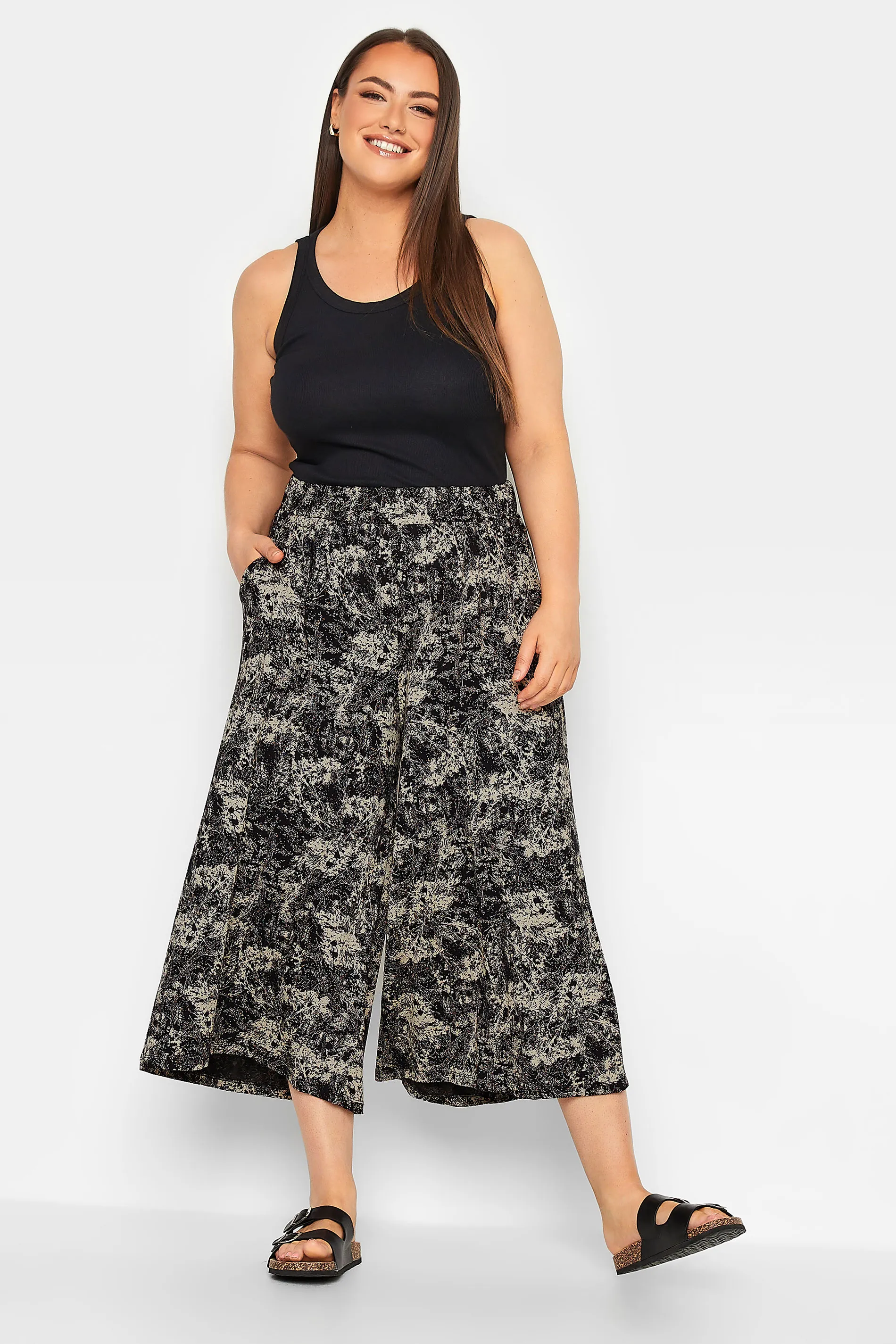 YOURS Curve Black Abstract Print Midaxi Culottes