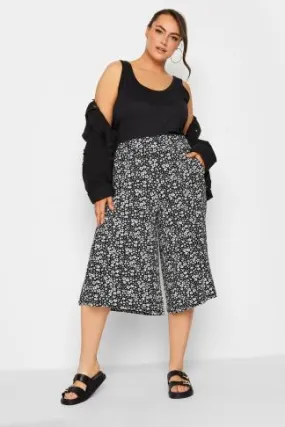 YOURS Curve Black Ditsy Flower Print Culottes