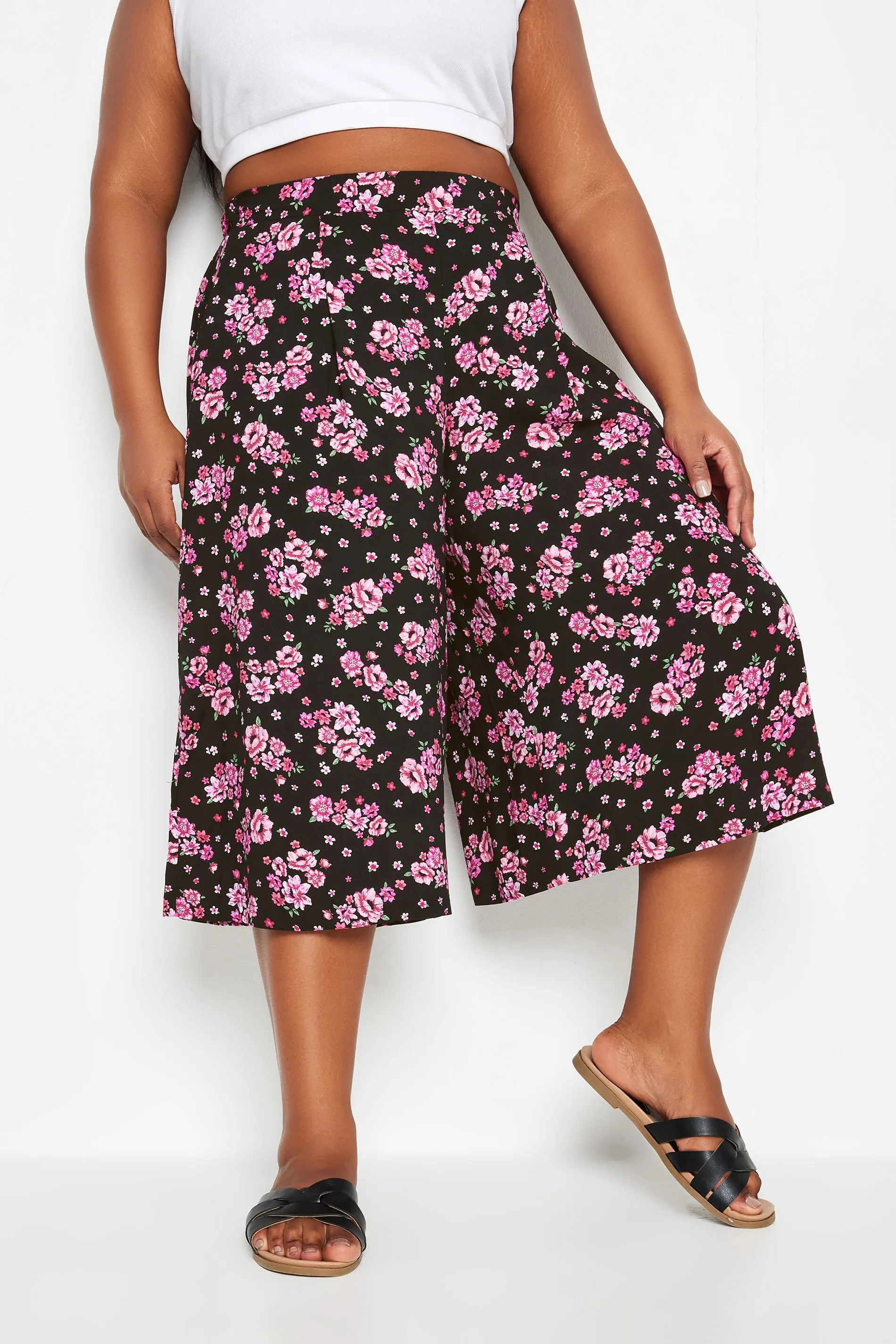 YOURS Curve Black Floral Bloom Print Culottes