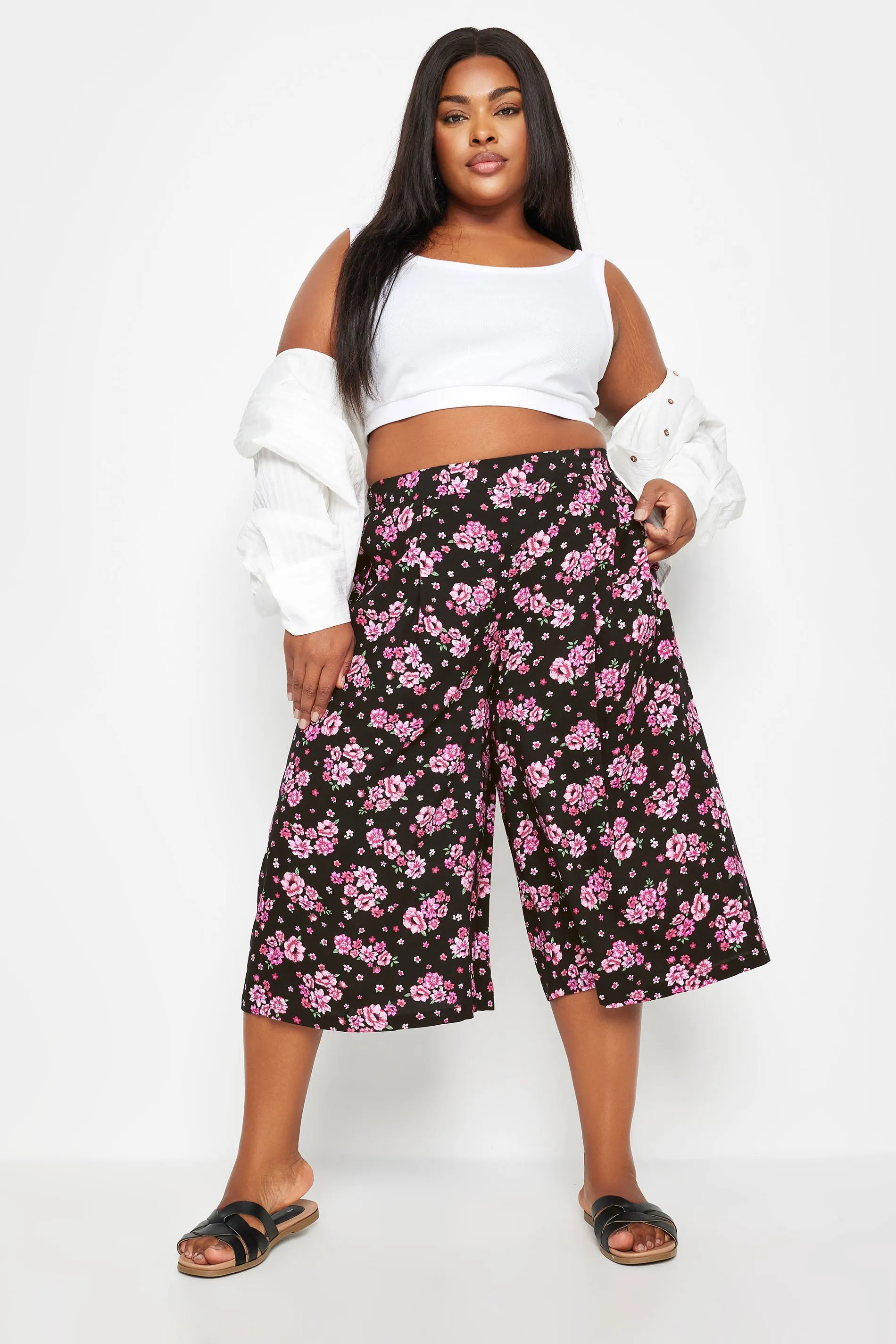 YOURS Curve Black Floral Bloom Print Culottes