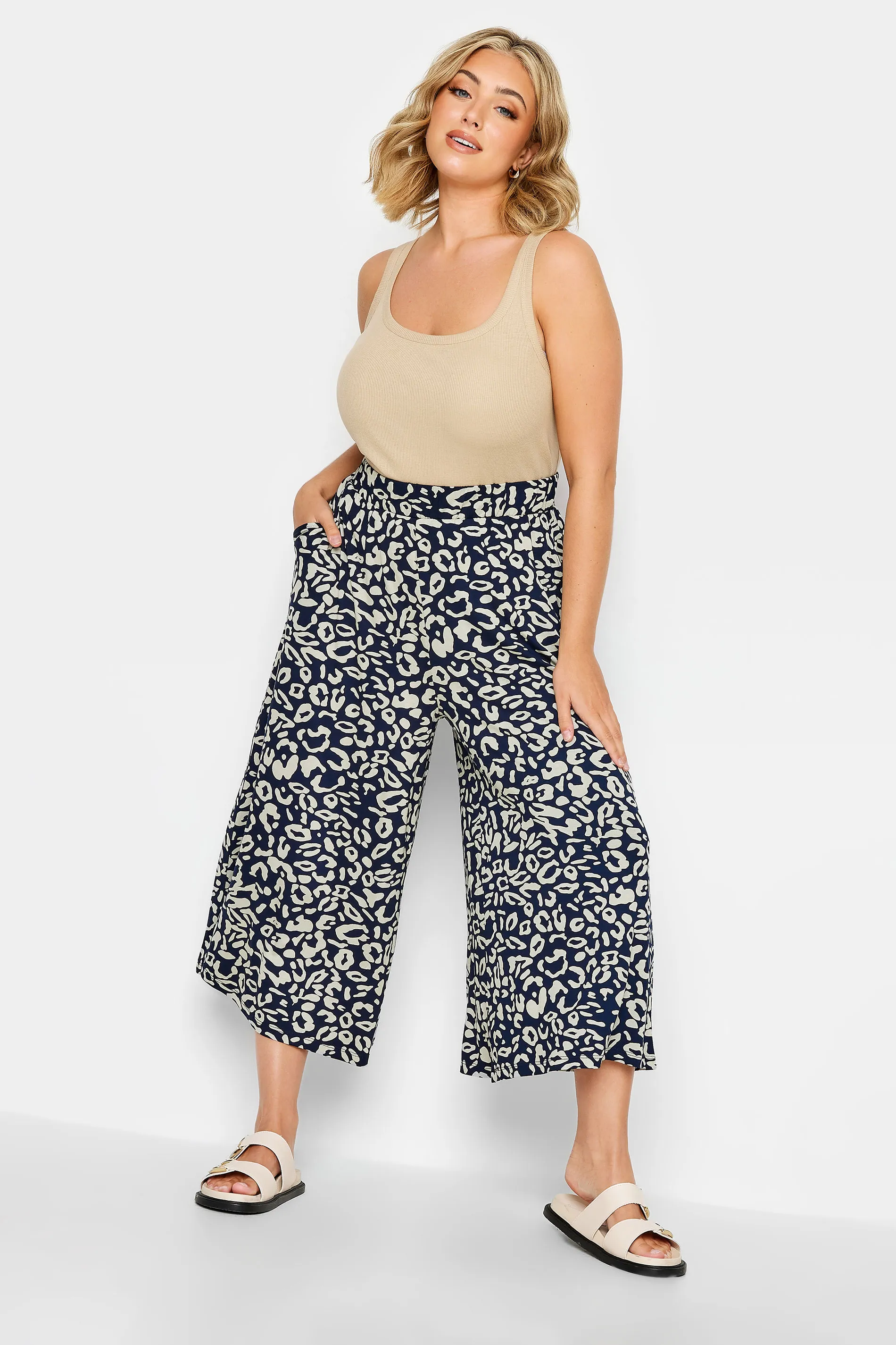 YOURS Curve Blue & Natural Abstract Print Midaxi Culottes