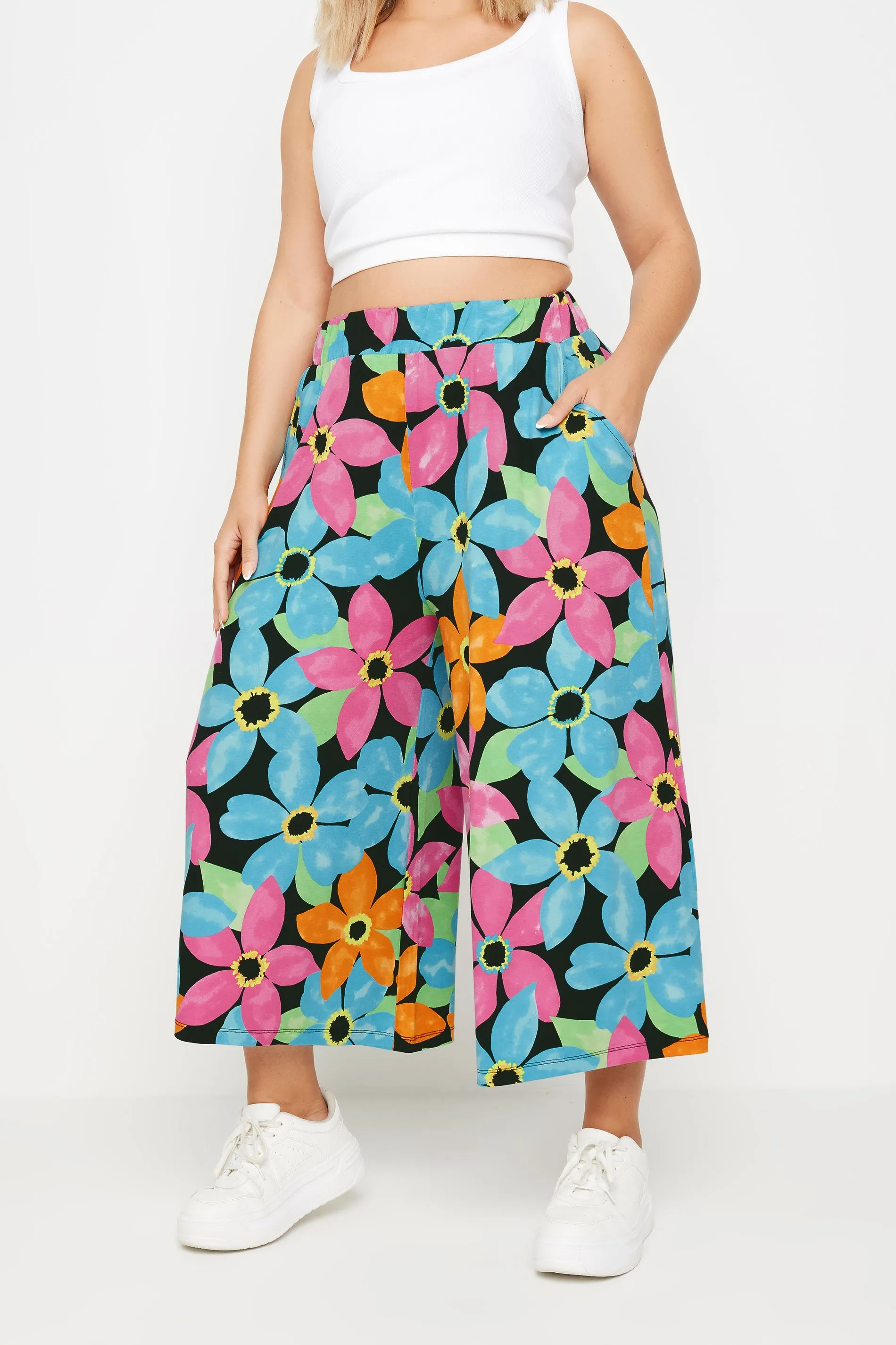 YOURS Curve Blue & Pink Floral Print Midaxi Culottes