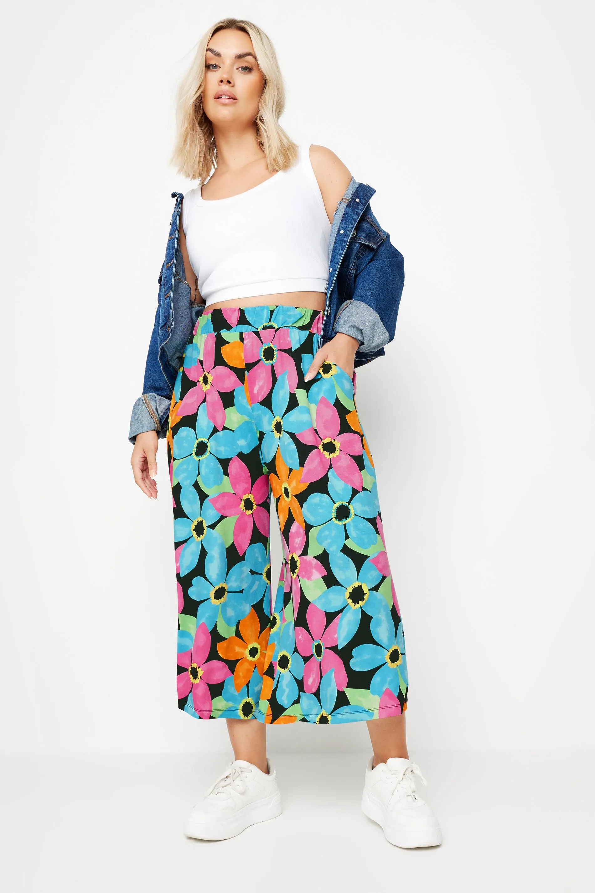 YOURS Curve Blue & Pink Floral Print Midaxi Culottes