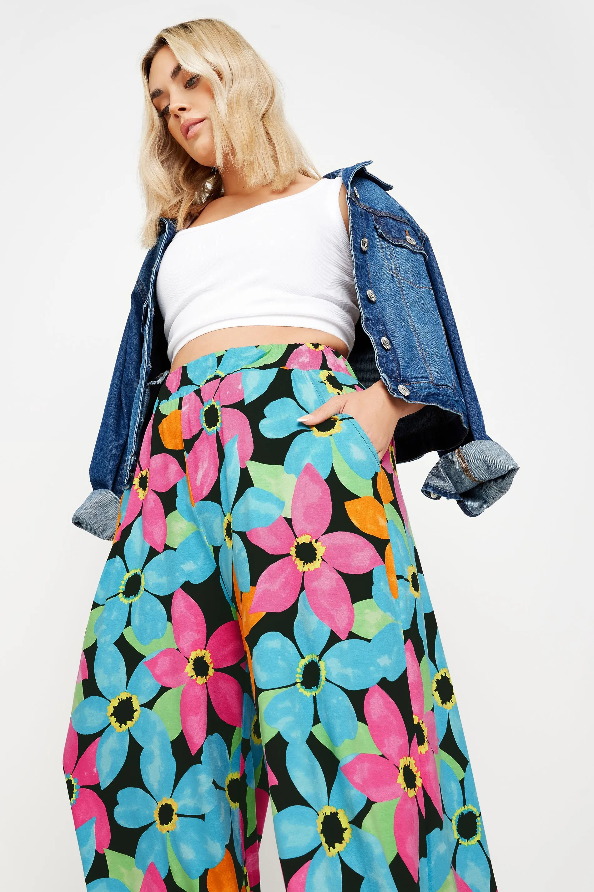 YOURS Curve Blue & Pink Floral Print Midaxi Culottes