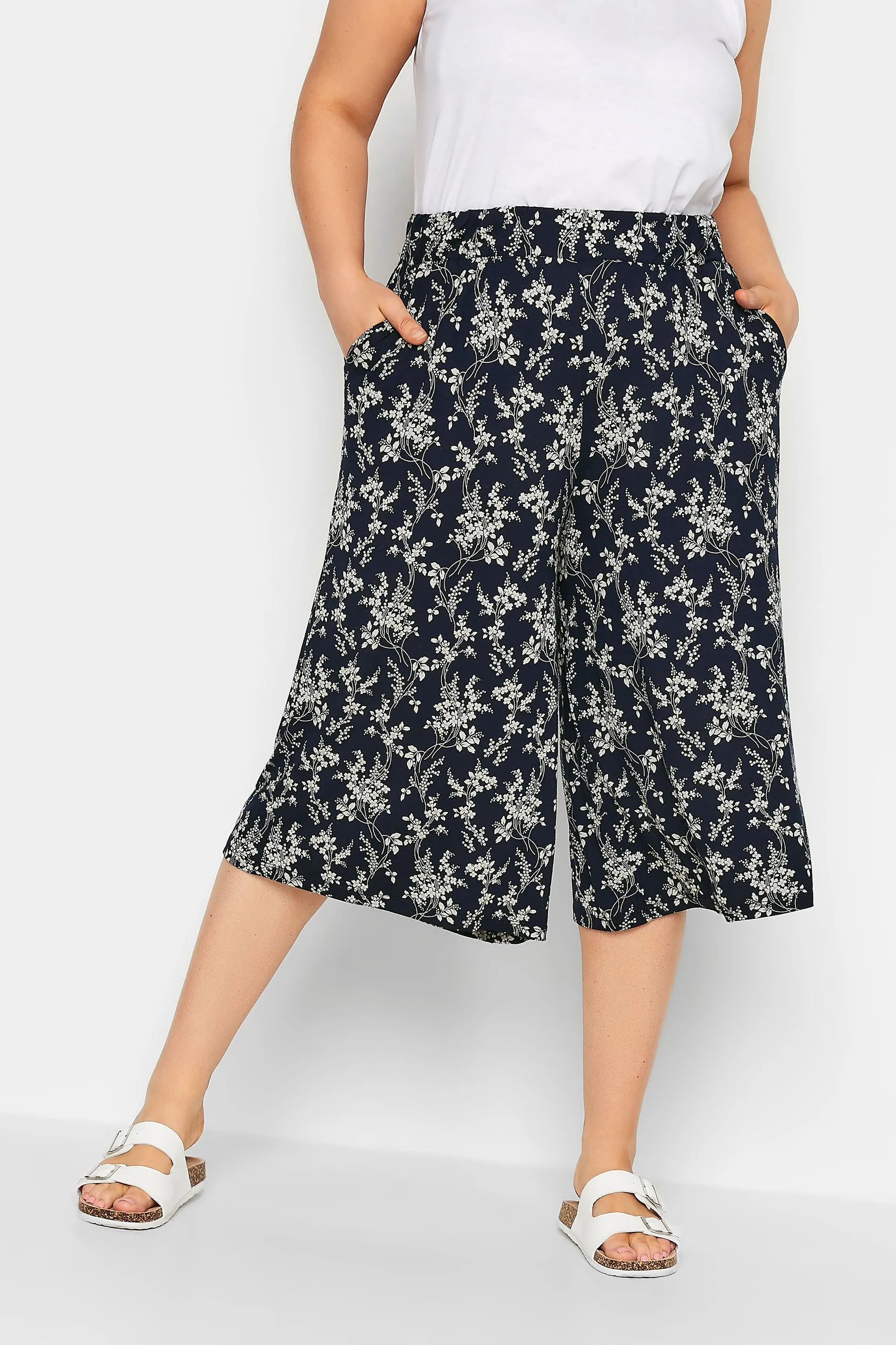 YOURS Curve Blue Floral Print Culottes