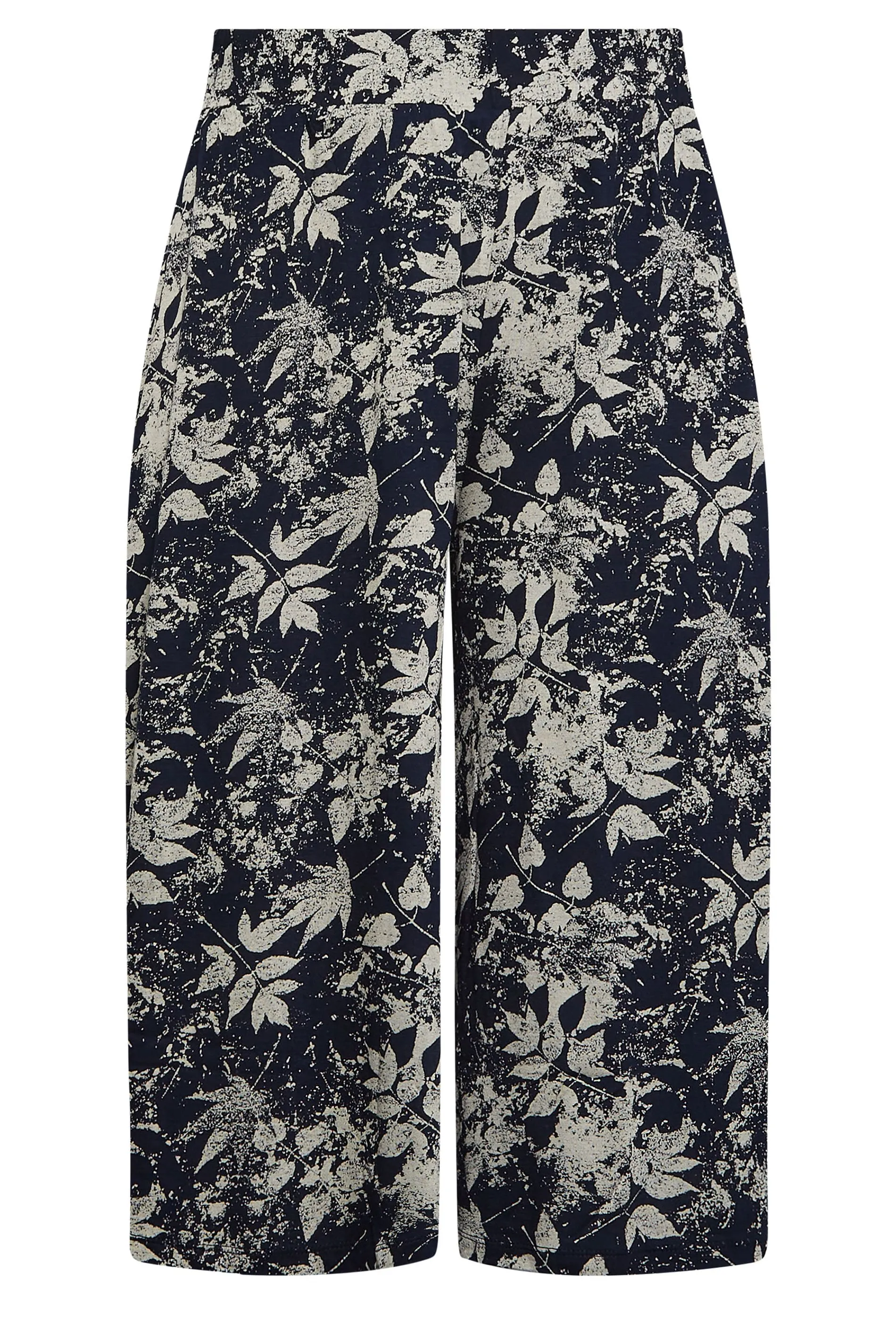 YOURS Curve Navy Blue & Natural Leaf Print Culottes