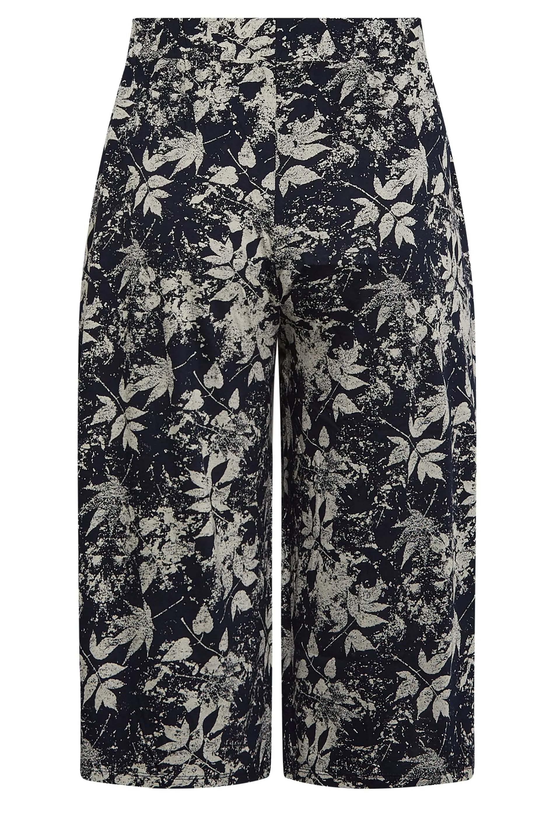 YOURS Curve Navy Blue & Natural Leaf Print Culottes