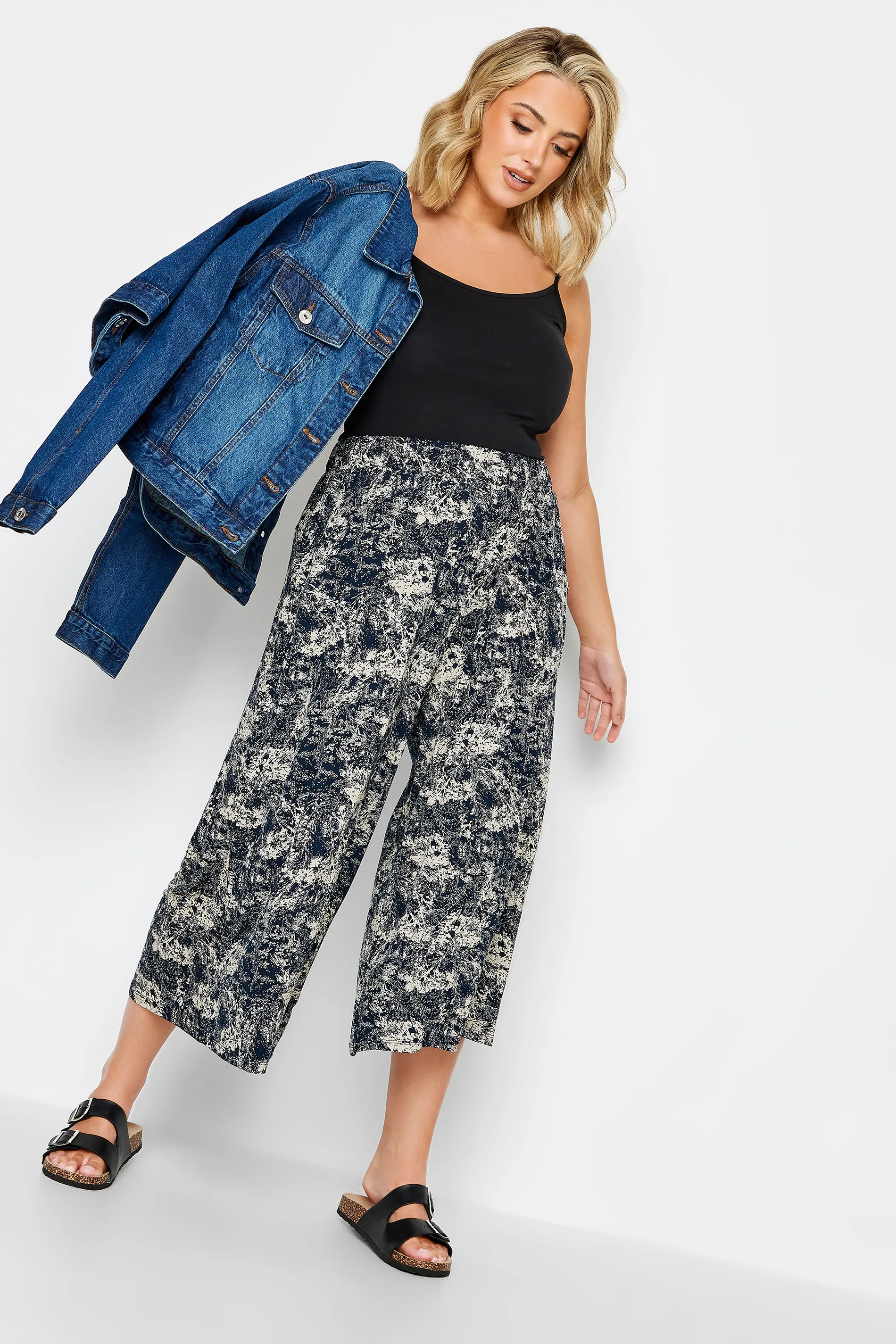 YOURS Curve Navy Blue Abstract Print Midaxi Culottes