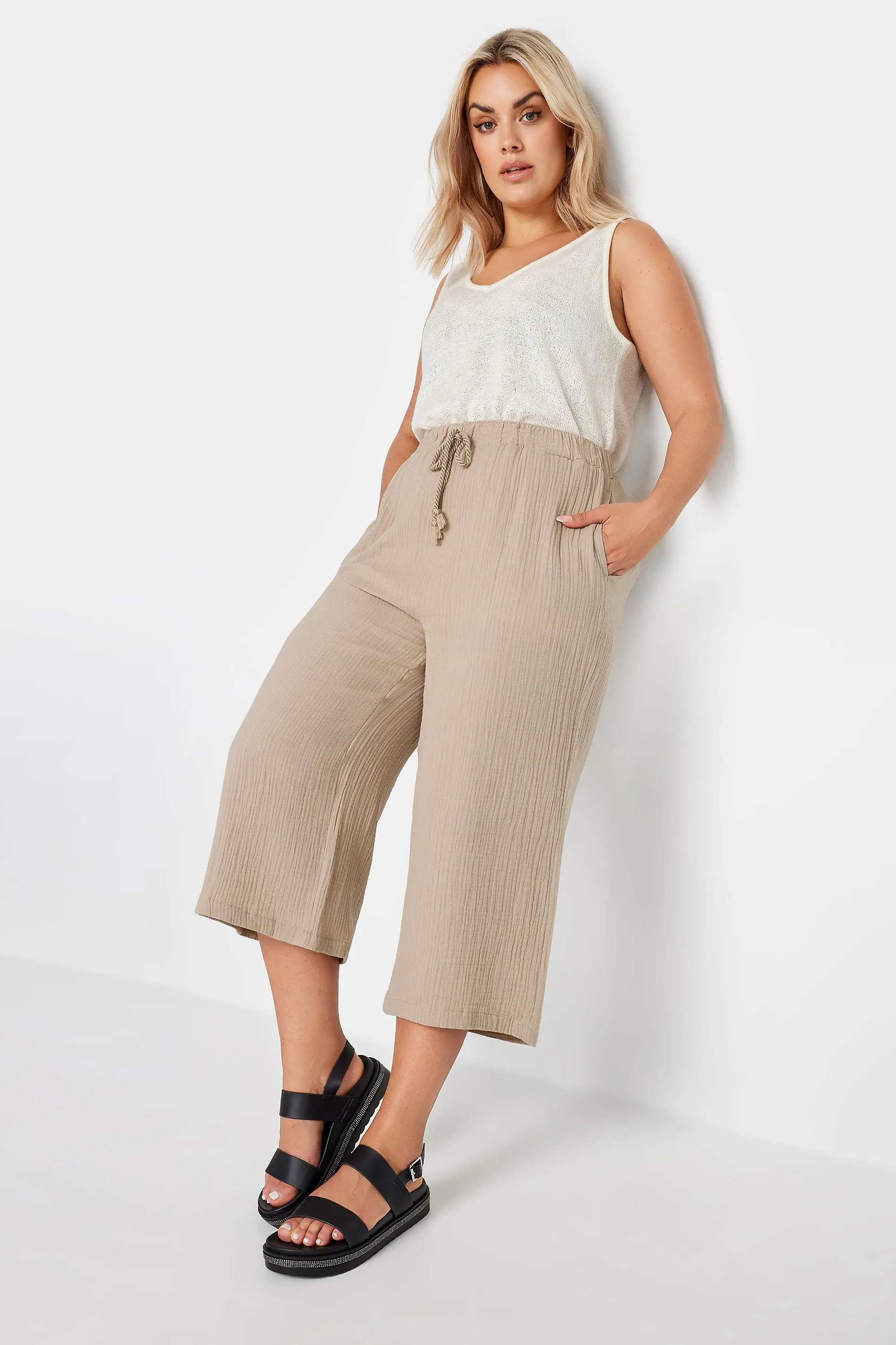 YOURS Curve Stone Brown Cheesecloth Culottes