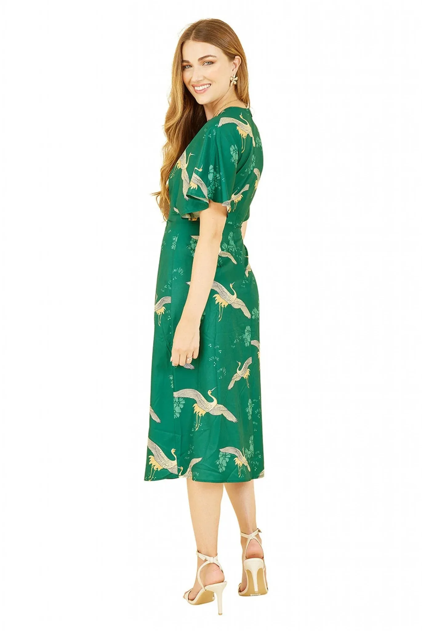 Yumi Green Crane Print Kimono Midi Dress