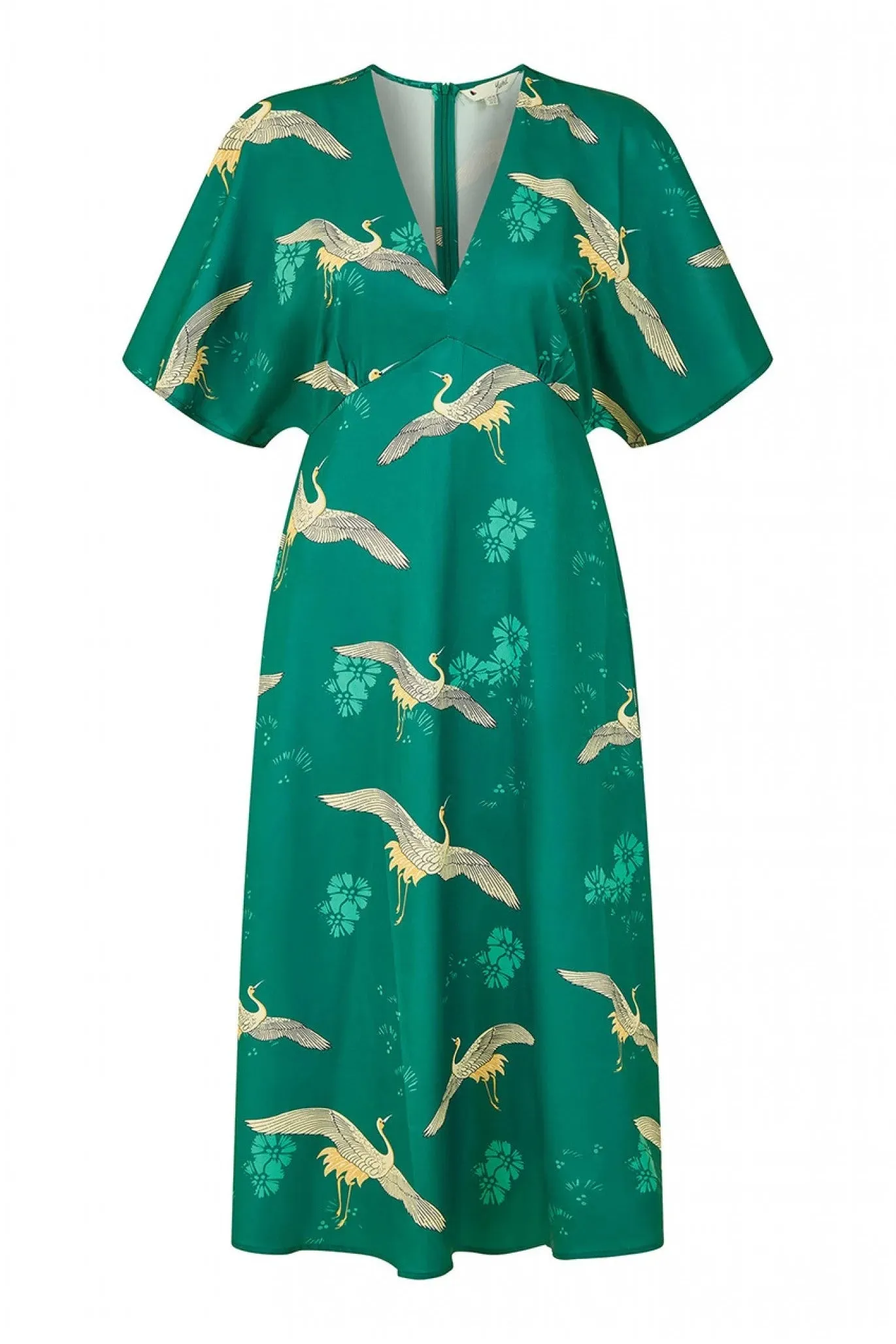 Yumi Green Crane Print Kimono Midi Dress