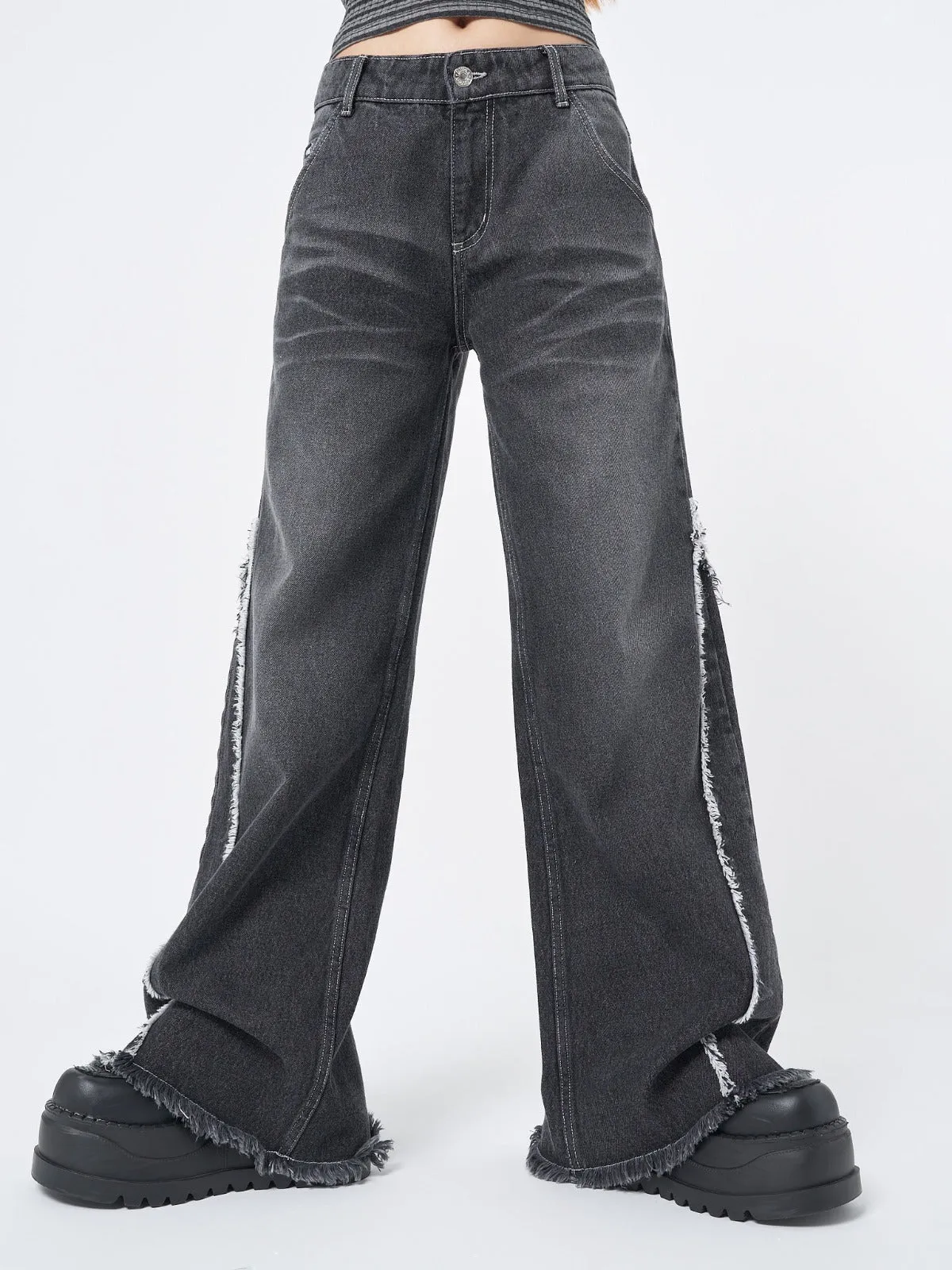 Zoe Washed Black Distressed Wide Leg Jeans